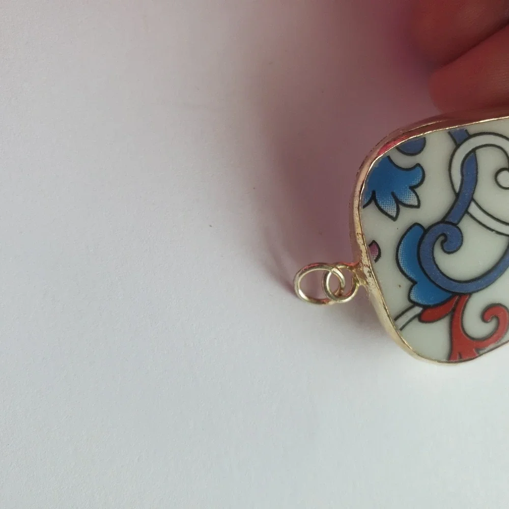Floral Flourish‎ Chinoiserie Pendant Pink Blue Porcelain Pottery Shard Jewelry